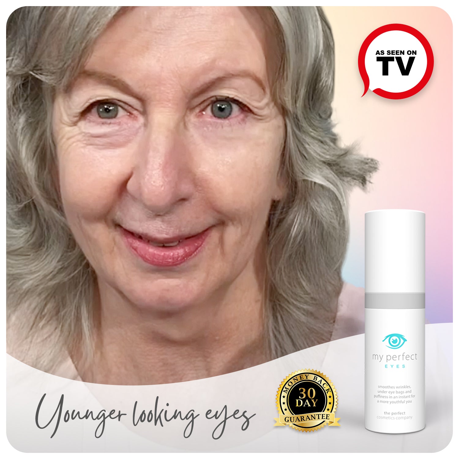 Before and after under eye puffiness, eye bags, fine lines and wrinkles, My Perfect Eyes results, lower eye blepharoplasty alternative