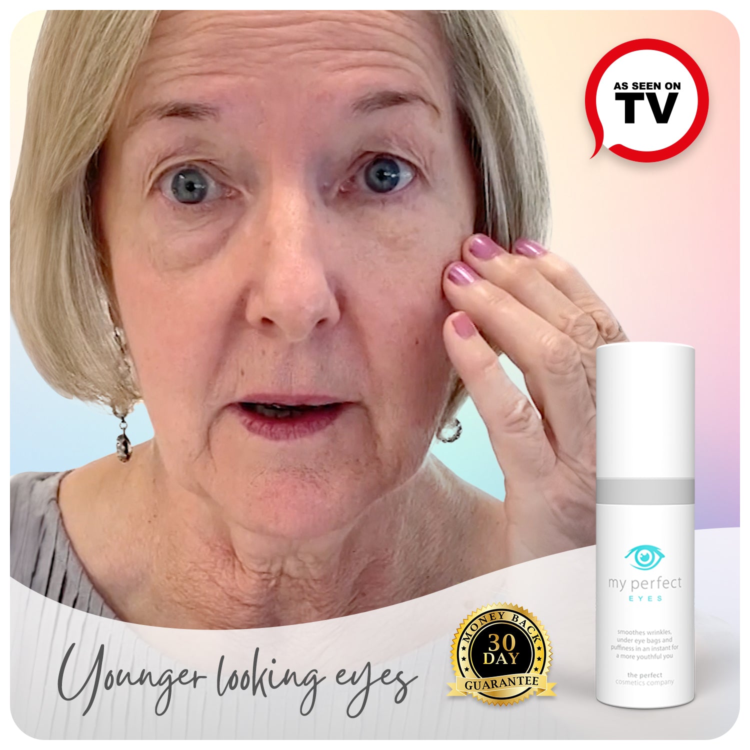 Before and after under eye puffiness, eye bags, fine lines and wrinkles, My Perfect Eyes results, lower eye blepharoplasty alternative